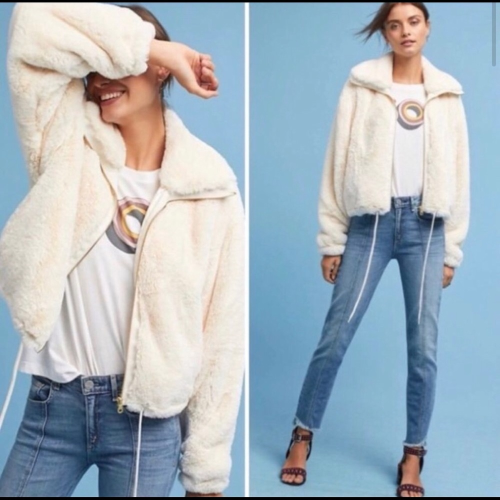 Anthropologie Elevenses White Faux Fur Jacket